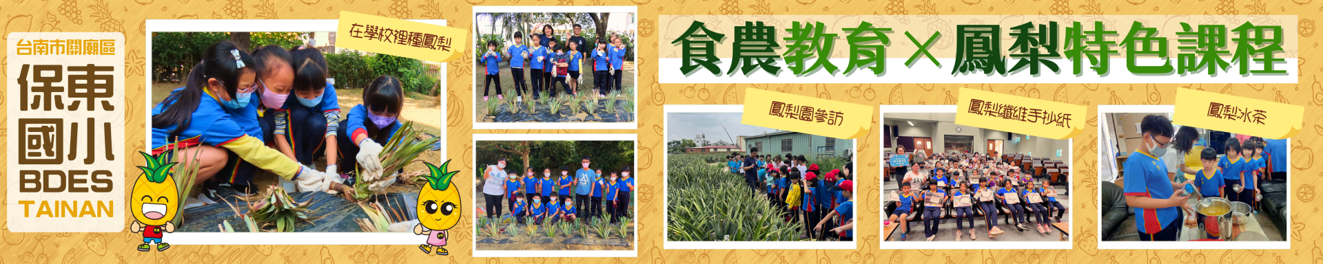 保東國小食農教育相關活動，包含在學校種鳳梨、鳳梨園參訪、鳳梨纖維手抄紙、鳳梨冰茶