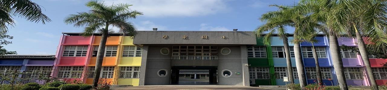 學東國小校門口視角，建築物外牆粉刷成繽紛的七彩顏色，上方標有「臺南市安南區學東國民小學」藍底白暈文字，校門兩側種植整齊的大王椰子樹，天空晴朗。